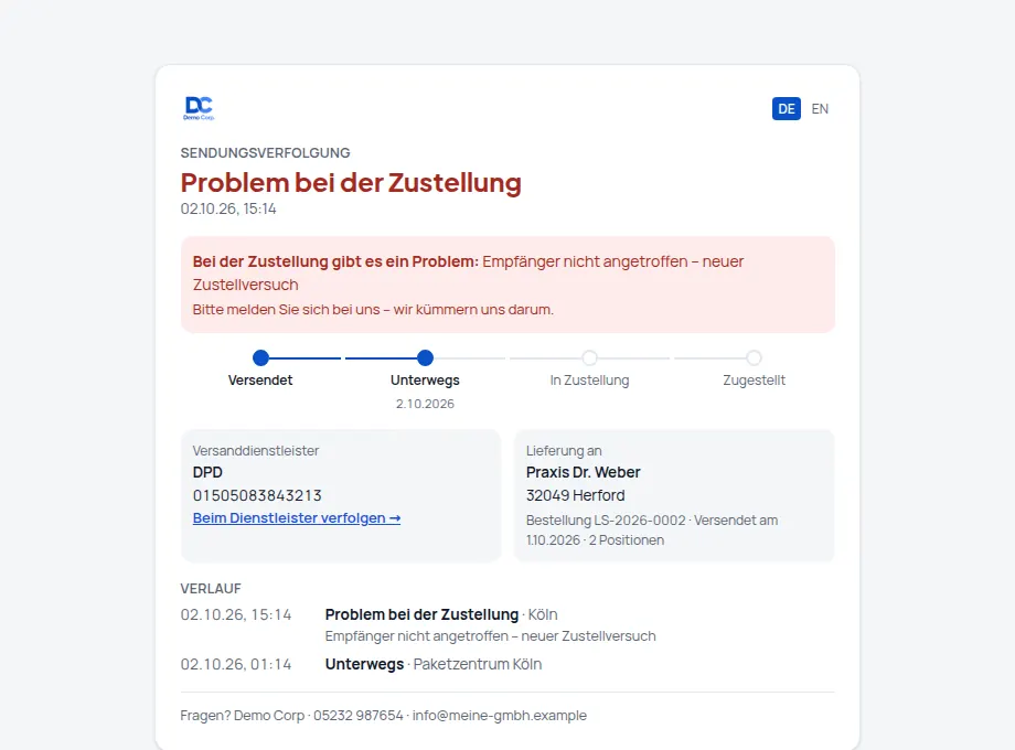Sendungsverfolgung: Tracking-Seite im eigenen Design – und auf Wunsch SMS oder WhatsApp – Bildschirm aus der Demo
