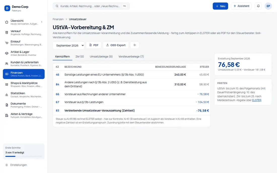 Steuer richtig: Inland, Kleinunternehmer, EU und Drittland – credoox wählt das Steuerschema und meldet in der UStVA – Bildschirm aus der Demo