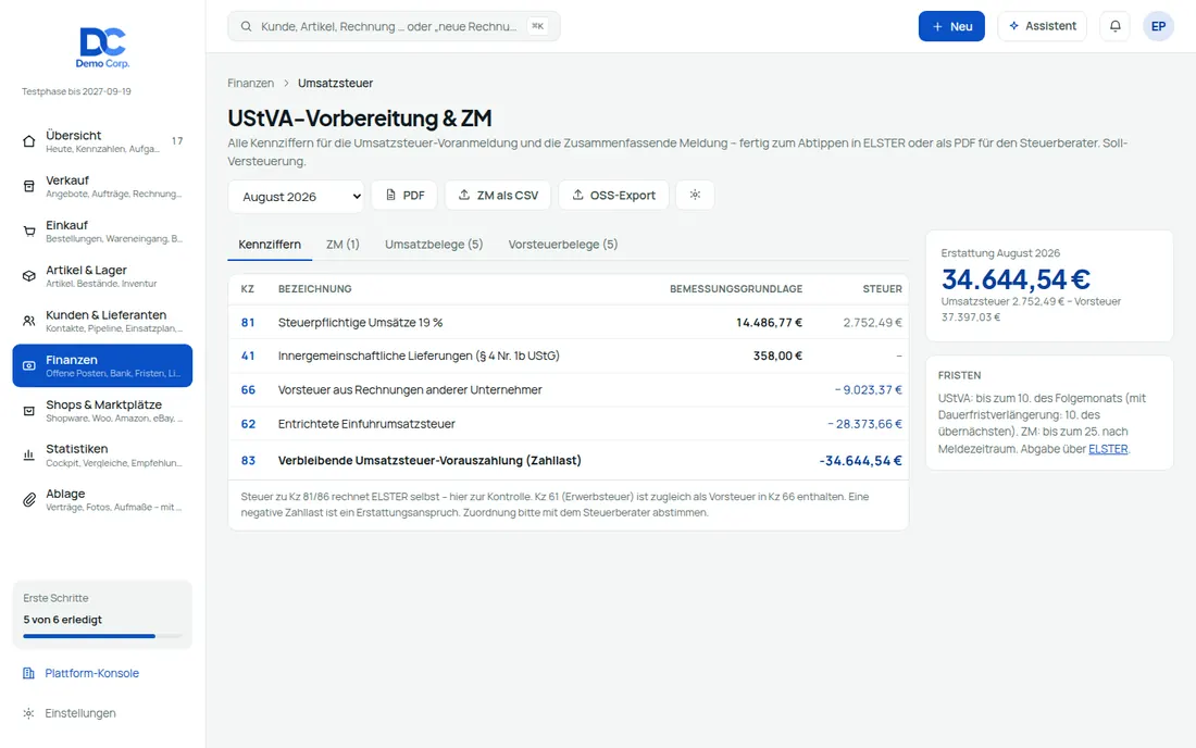 Kennziffern fertig zum Übertragen in ELSTER – Bildschirm aus der Demo