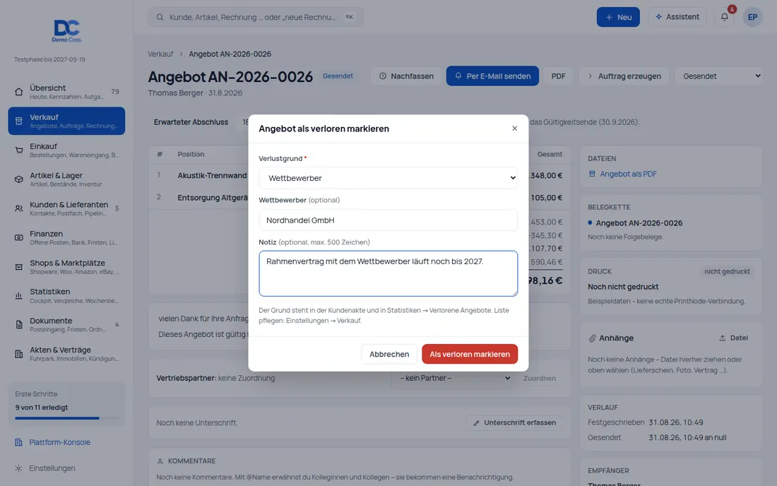 Verlustgrund: Warum ging das Angebot verloren? Grund als Pflicht, Auswertung inklusive – Bildschirm aus der Demo