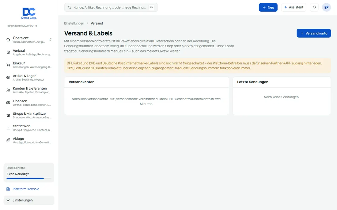 Label am Beleg, Sendungsnummer im Shop, Retoure vom Kunden selbst – Bildschirm aus der Demo