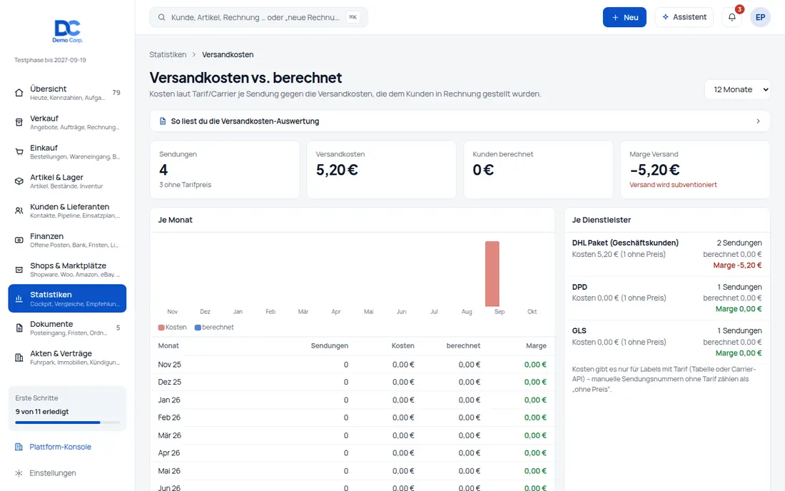 Versandkosten-Vergleich: Günstigster oder schnellster Weg – vor dem Label aus allen Versandkonten (Ansicht 3) – Bildschirm aus der Demo