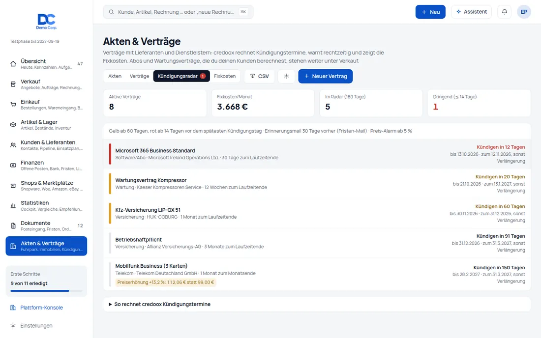 Kündigungsradar & Preis-Alarm: Kündigungsradar: gelb ab 60, rot ab 14 Tagen – mit Mail, PDF-Entwurf und Preis-Alarm – Bildschirm aus der Demo