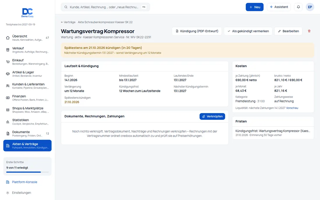 Verträge: Verträge mit Lieferanten: Kündigungsfrist, Verlängerung und spätester Kündigungstag – Bildschirm aus der Demo
