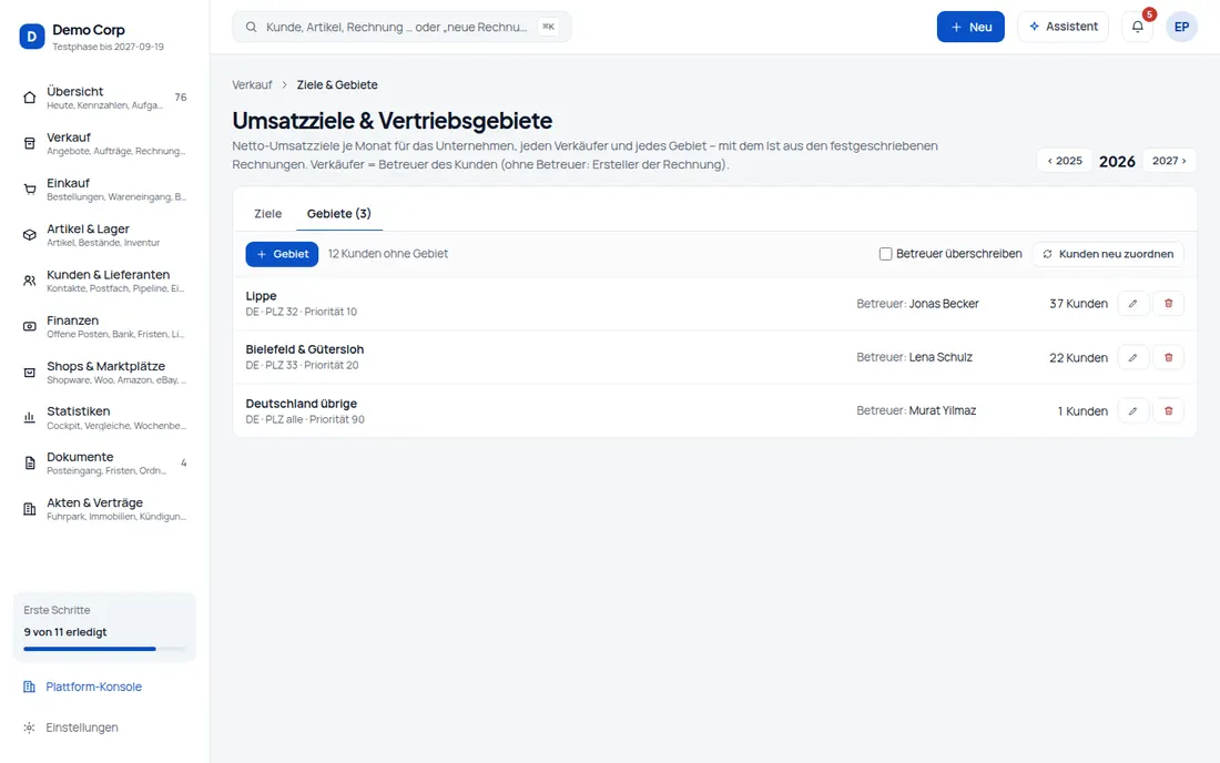 Umsatzziele & Gebiete: Ziele je Monat für Unternehmen, Verkäufer und Gebiete – Plan und Ist aus den Rechnungen (Ansicht 2) – Bildschirm aus der Demo
