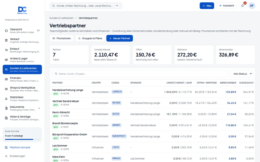 Vertriebspartner-Übersicht mit Codes, Sponsor und Umsätzen