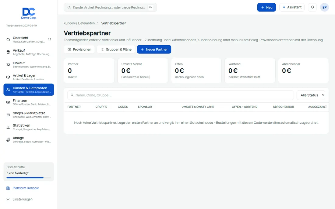 Partner & Provisionen – Bildschirm aus der Demo