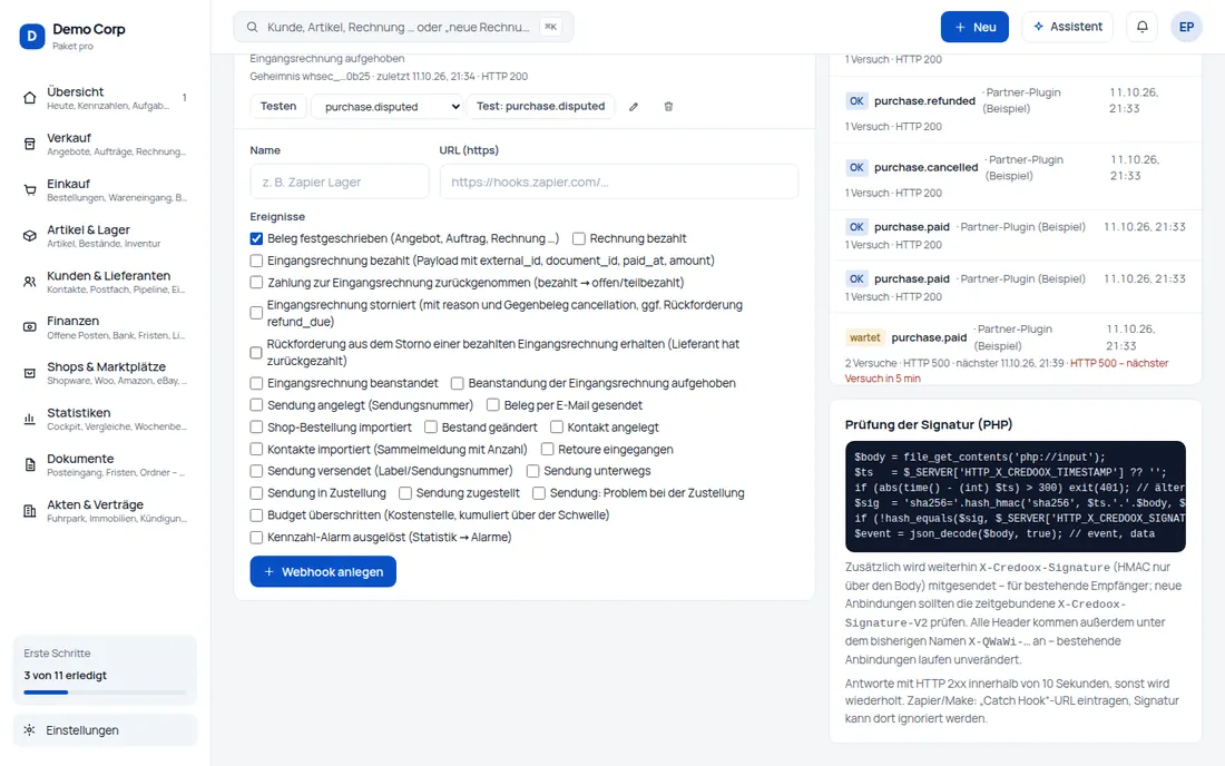 Webhooks: Der Shop erfährt sofort, was mit seiner Gutschrift passiert – signiert, wiederholt und testbar (Ansicht 3) – Bildschirm aus der Demo
