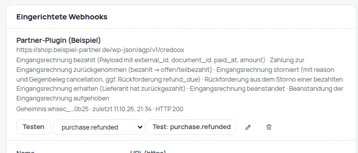 Webhooks: Der Shop erfährt sofort, was mit seiner Gutschrift passiert – signiert, wiederholt und testbar (Ansicht 2) – Bildschirm aus der Demo