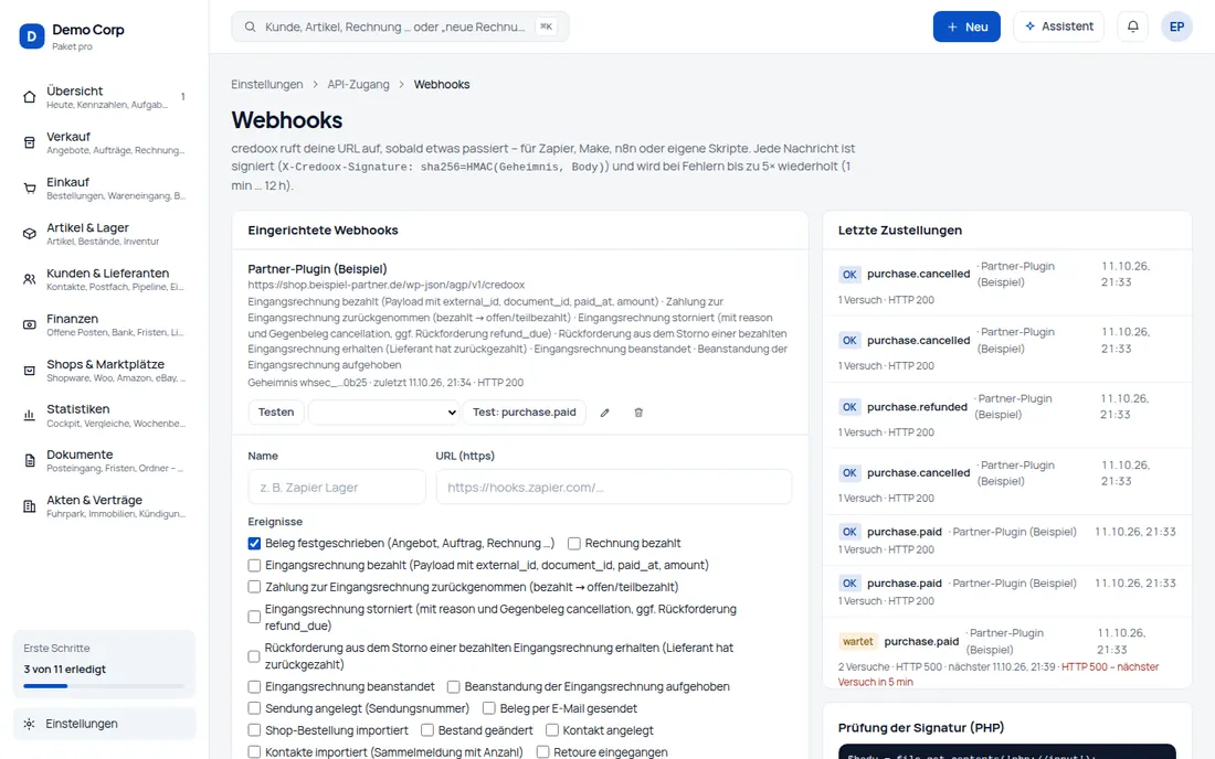 Webhooks: Der Shop erfährt sofort, was mit seiner Gutschrift passiert – signiert, wiederholt und testbar – Bildschirm aus der Demo