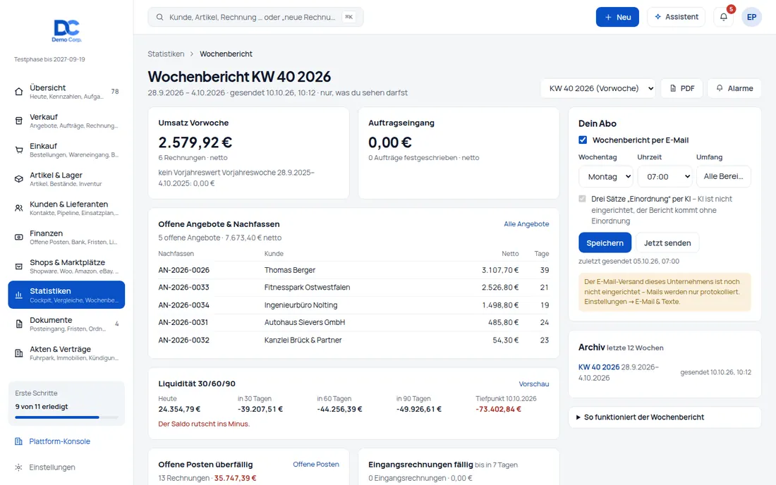 Montagsbericht: Montag 7 Uhr: der Wochenbericht im Postfach – nur mit dem, was Sie sehen dürfen – Bildschirm aus der Demo
