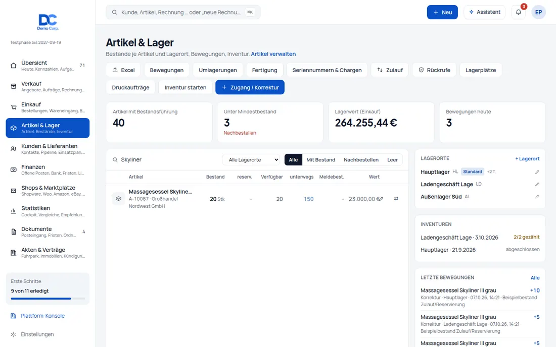 Verfügbarkeit: Am Artikel, in der Bestandsliste und in der Positionssuche: frei, reserviert und unterwegs (Ansicht 2) – Bildschirm aus der Demo