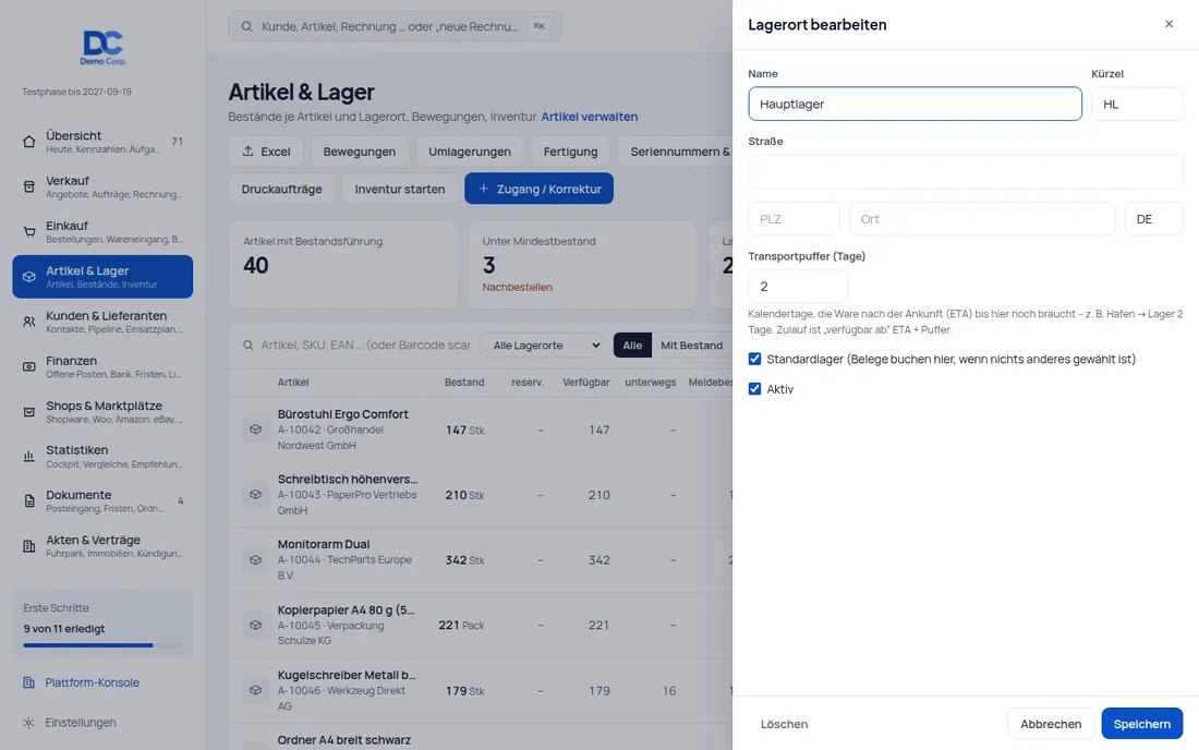 Transportpuffer: „Verfügbar ab“ = Ankunft + Puffer des Ziellagers – Bildschirm aus der Demo