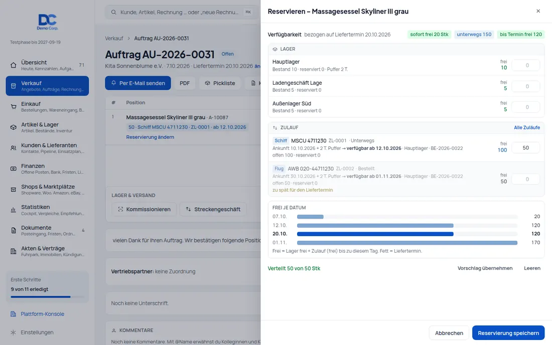 Praxisbeispiel: 50 Massagesessel zum 20.10. – 20 im Lager, 100 auf dem Schiff, 50 im Flugzeug – Bildschirm aus der Demo