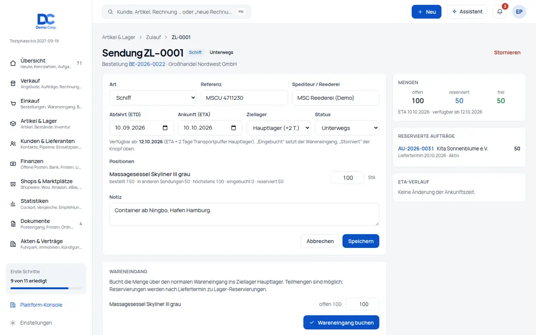Sendungen: Ware unterwegs: Schiff, Flug, LKW, Spedition oder Paket – mit Ankunft, Ziellager und Status (Ansicht 2) – Bildschirm aus der Demo