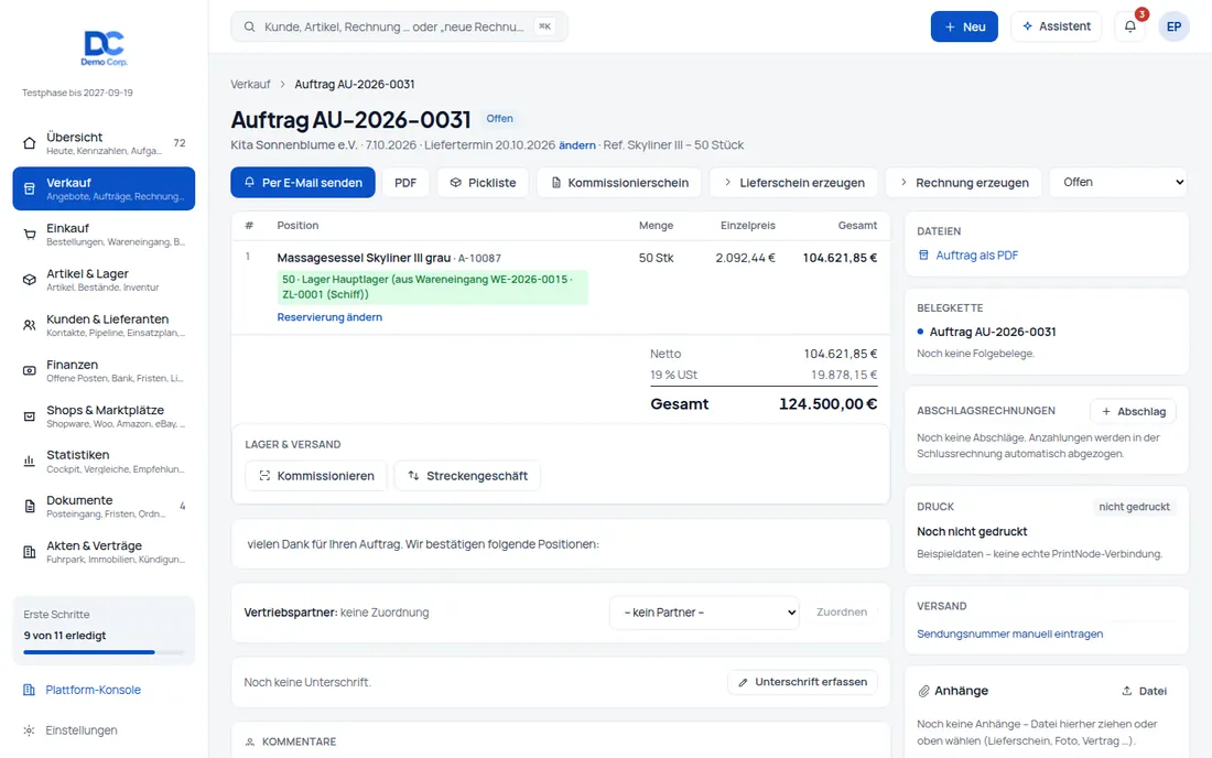 Wareneingang: Die Ware kommt an: Reservierungen werden automatisch zu Lager-Reservierungen – Bildschirm aus der Demo
